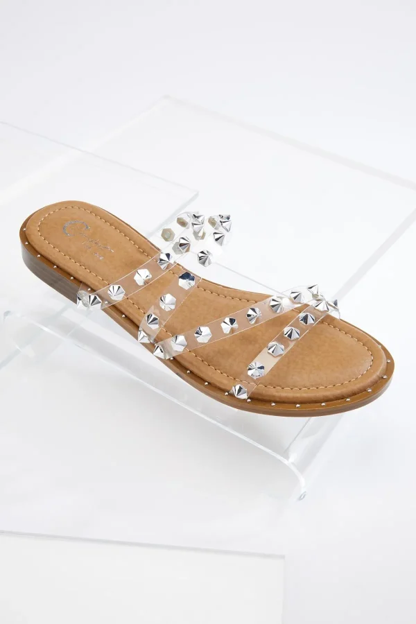 Outlet Lucite Stud Strap Sandals Women Flats