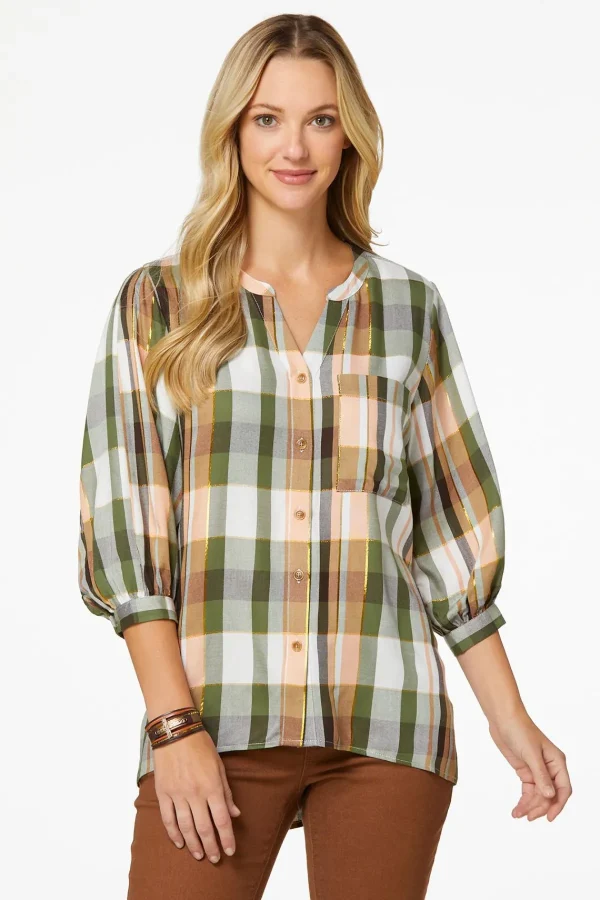 Online Olive Plaid Shirt Women Tops