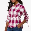 Fashion Petite Cinched Berry Plaid Shirt Women Tops