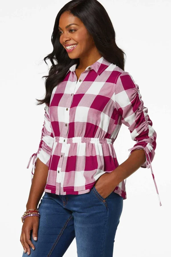 Fashion Petite Cinched Berry Plaid Shirt Women Tops