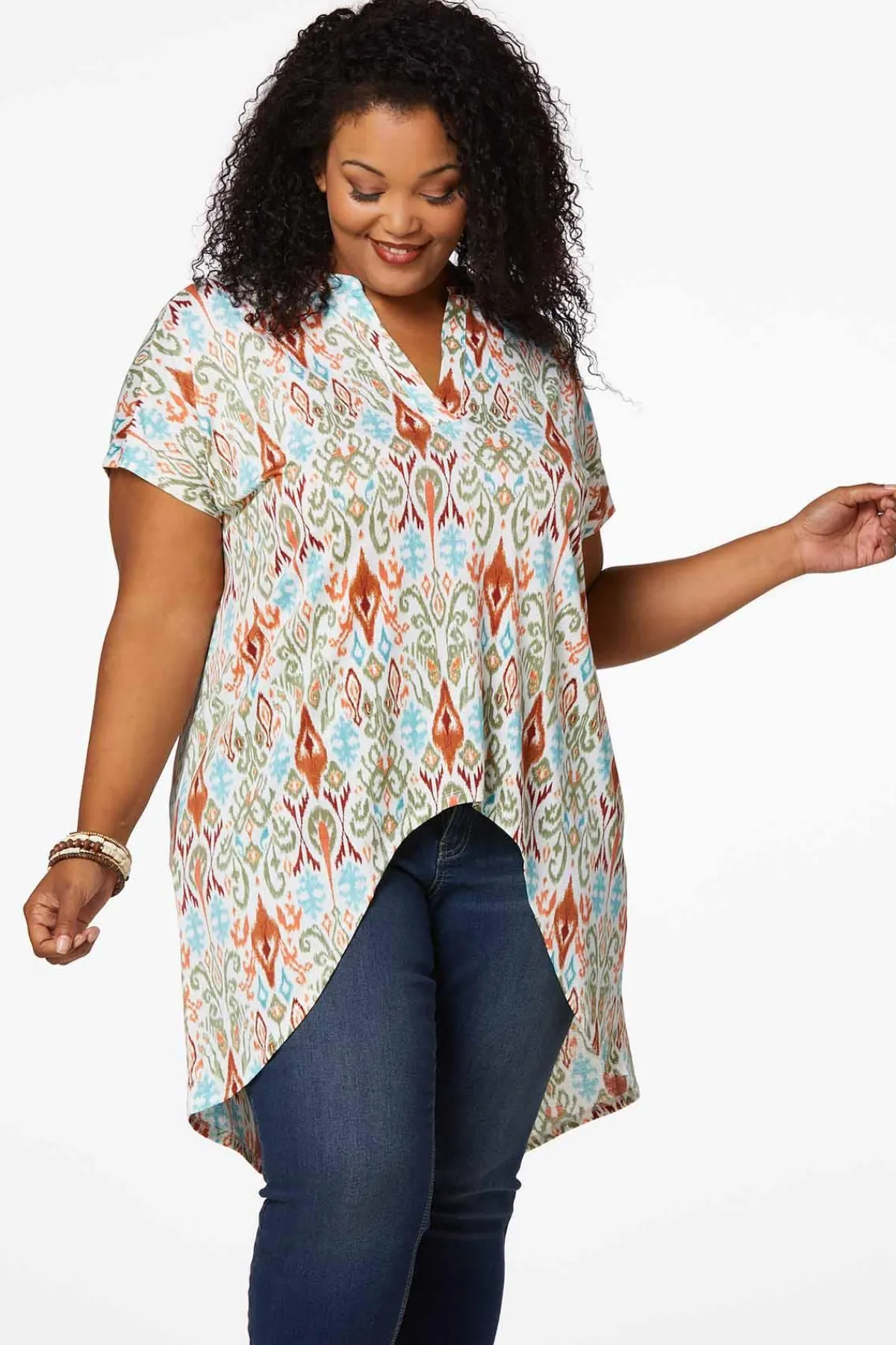 plus_size_aztec_highlow_tunic_0.webp Shop Plus Size Aztec Highlow Tunic Women Tops