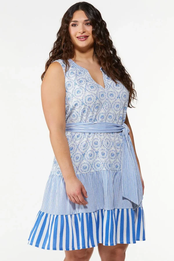 Best Plus Size Belted Medallion Stripe Dress Women Dresses