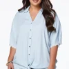 Cheap Plus Size Chambray Tie Front Top Women Tops