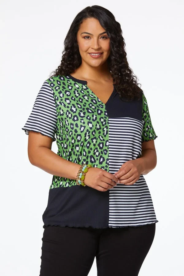 Cheap Plus Size Colorblock Mixed Print Top Women Tops