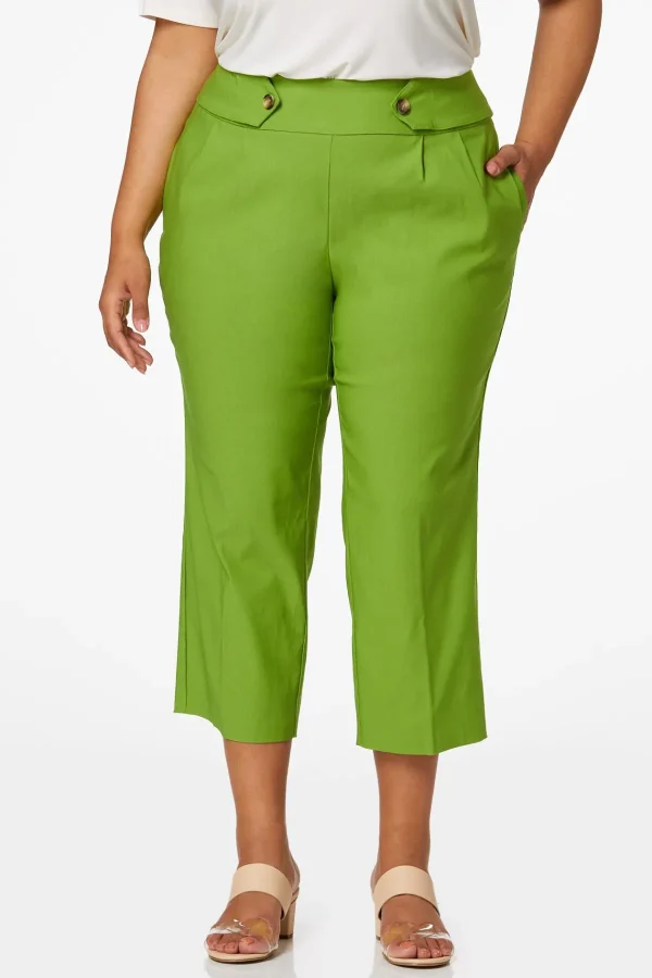Fashion Plus Size Cropped Stretch Button Tab Pants Women Cropped Pants