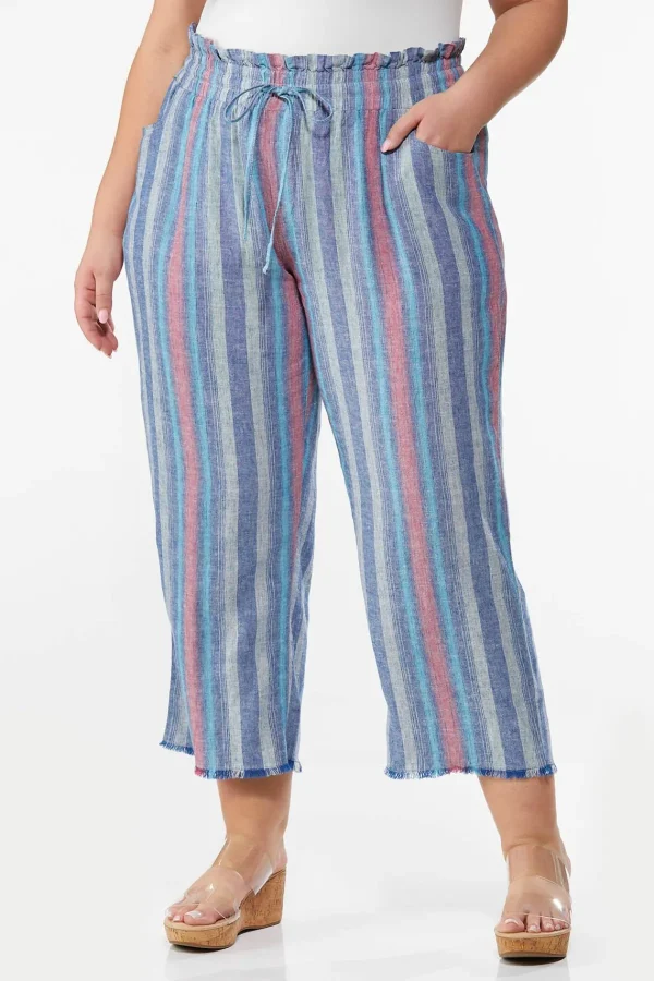 Cheap Plus Size Cropped Stripe Linen Pants Women Cropped Pants