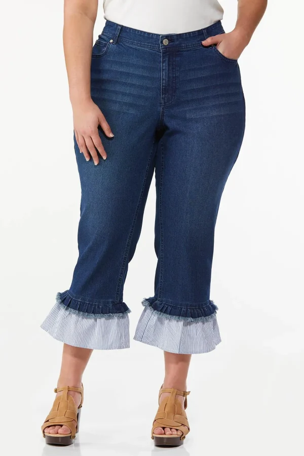 Best Sale Plus Size Cropped Stripe Ruffle Jeans Women Cropped Pants