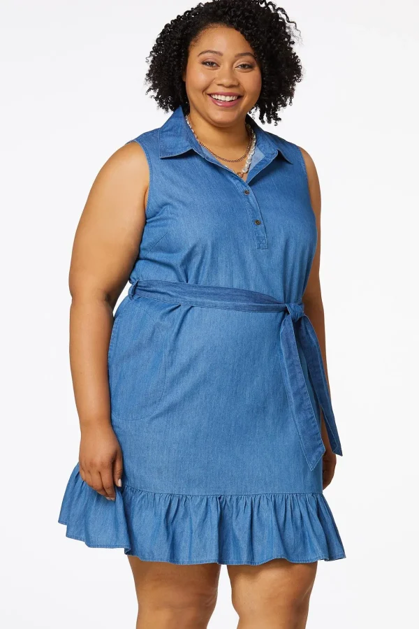 New Plus Size Denim Tie Waist Dress Women Dresses