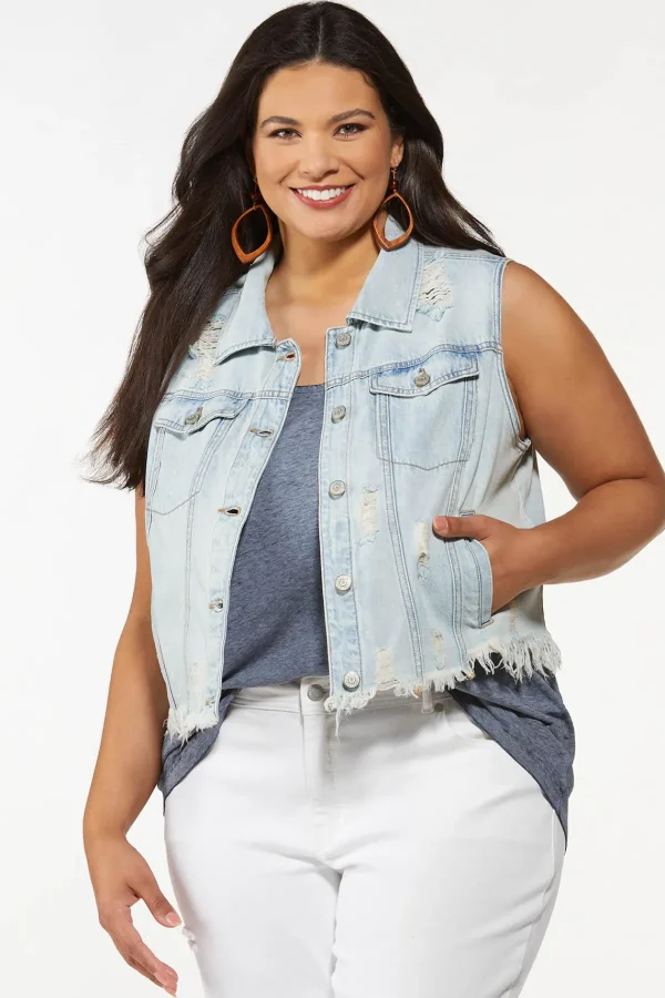 Online Plus Size Distressed Denim Vest Women Jackets & Vests