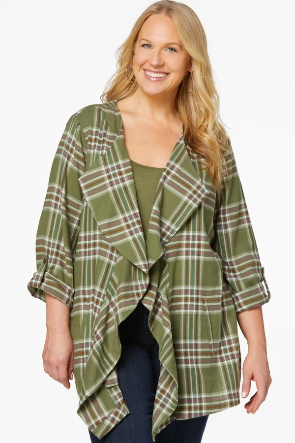 Sale Plus Size Draped Plaid Topper Women Jackets & Vests