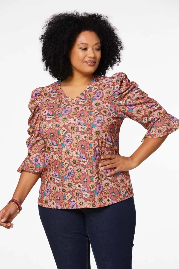 Best Plus Size Floral Ruched Sleeve Top Women Tops