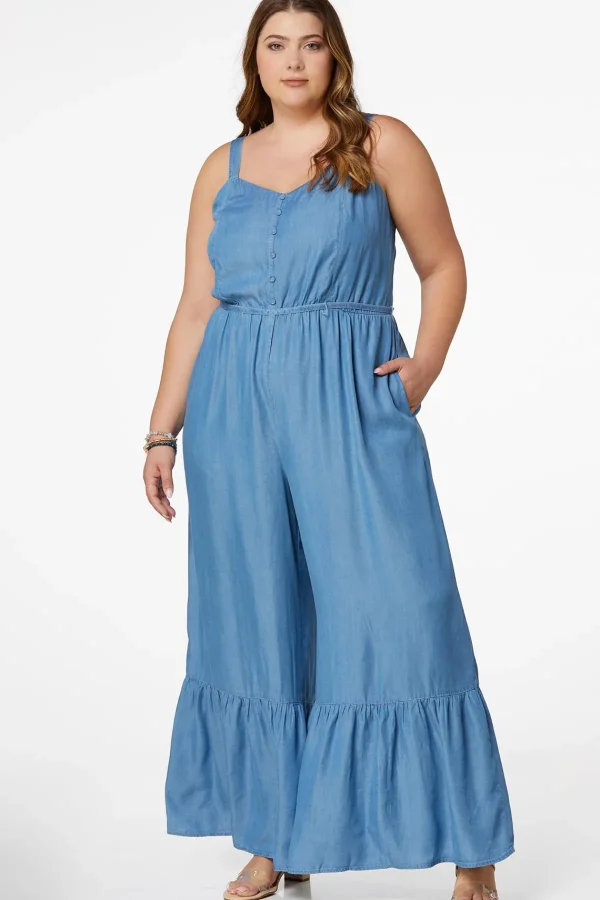 Flash Sale Plus Size Flounced Chambray Jumpsuit Women Dresses