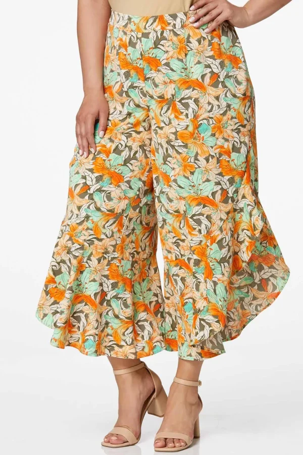 Flash Sale Plus Size Flounced Coral Floral Pants Women Cropped Pants