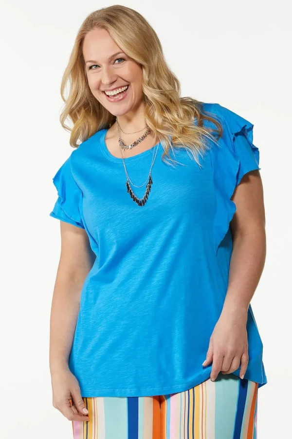 Best Plus Size Flutter Ruffle Sleeve Top Women Tops