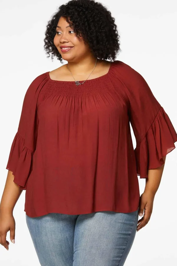 Discount Plus Size Flutter Sleeve Poet Top Women Tops