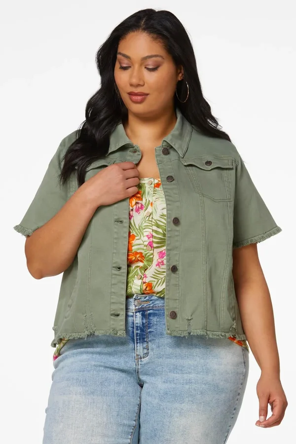 Clearance Plus Size Frayed Denim Jacket Women Jackets & Vests