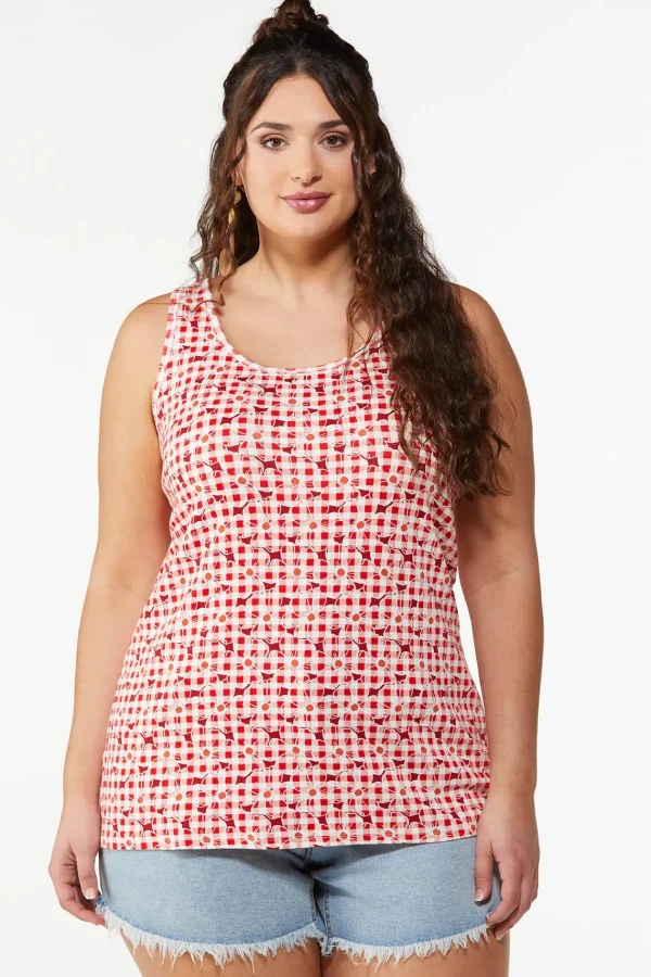 Cheap Plus Size Gingham Floral Tank Women Tops