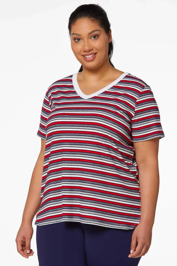 Cheap Plus Size Glimmer Stripe Tee Women Tops