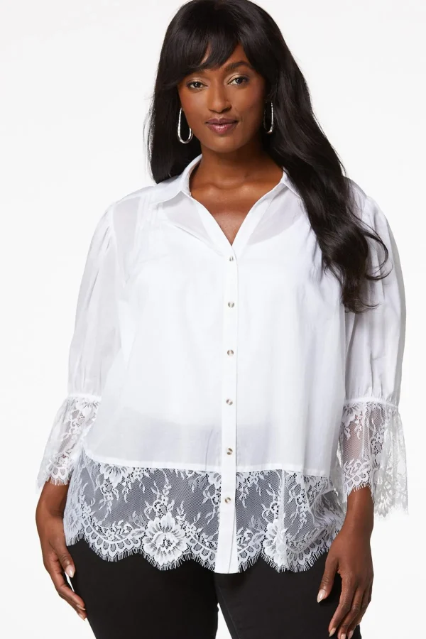 Best Plus Size Lace Trim Shirt Women Tops