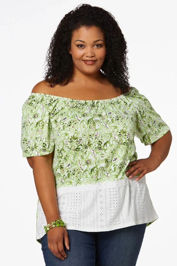 Store Plus Size Lime Eyelet Trim Top Women Tops