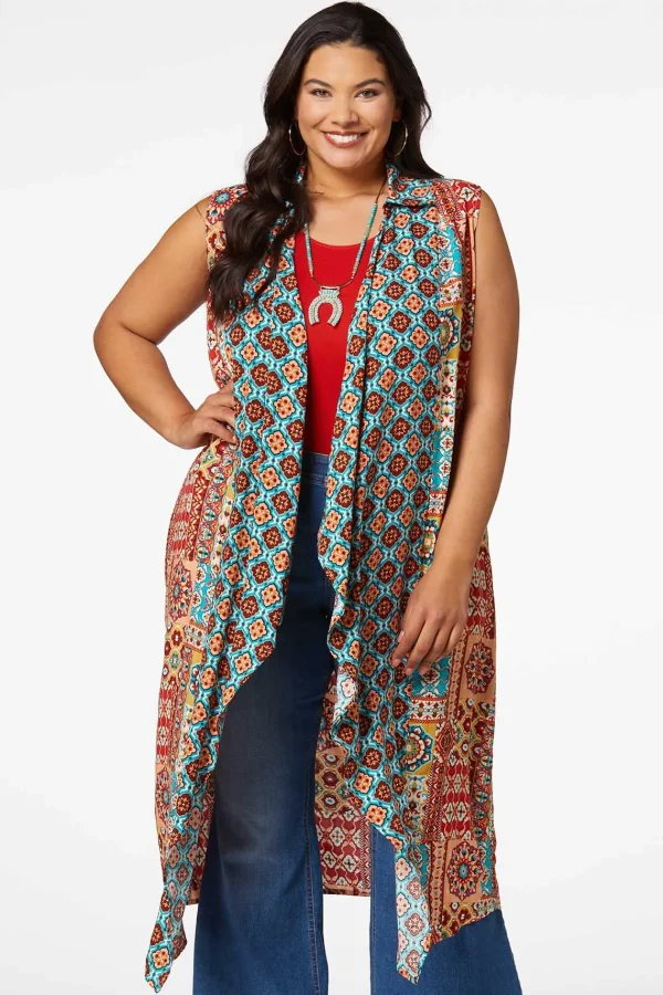 Flash Sale Plus Size Medallion Challis Duster Women Jackets & Vests