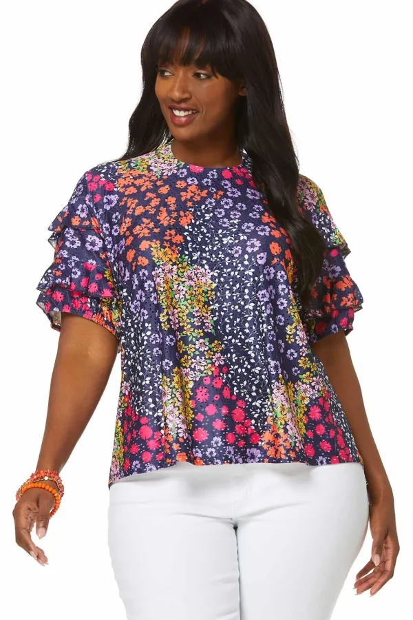 Best Plus Size Multi Floral Eyelet Top Women Tops