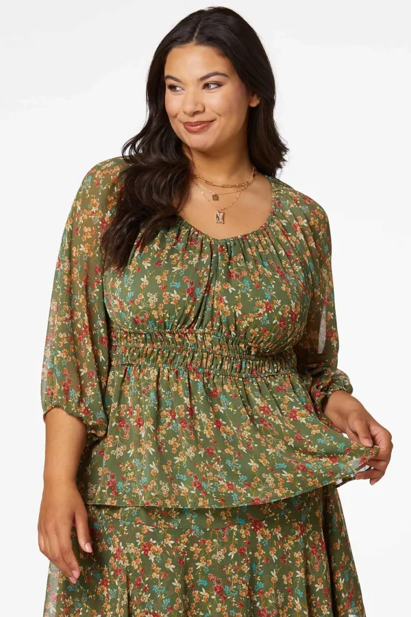 Best Plus Size Olive Floral Peplum Top Women Sets & Suiting