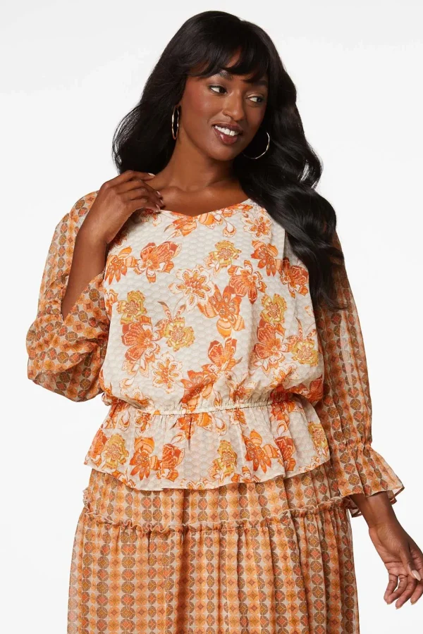 Clearance Plus Size Peach Blossom Peplum Top Women Sets & Suiting