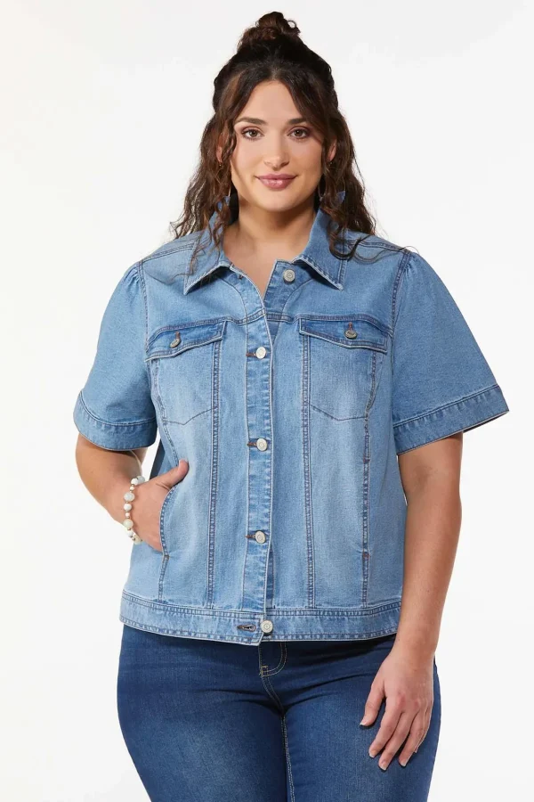 Online Plus Size Puff Short Sleeve Denim Jacket Women Jackets & Vests