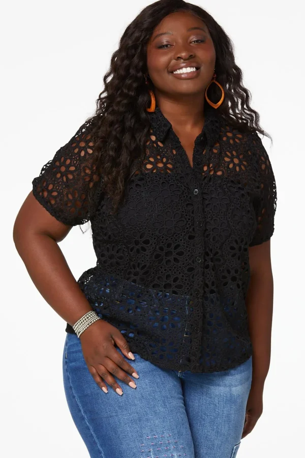 Best Plus Size Puff Sleeve Crochet Shirt Women Tops