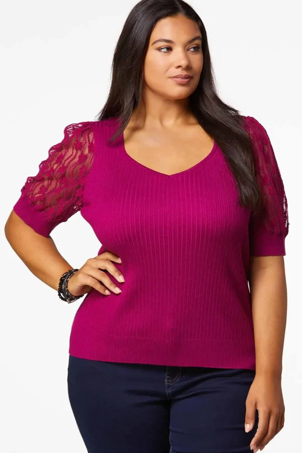Shop Plus Size Raspberry Ribbed Sweater Women Sweaters