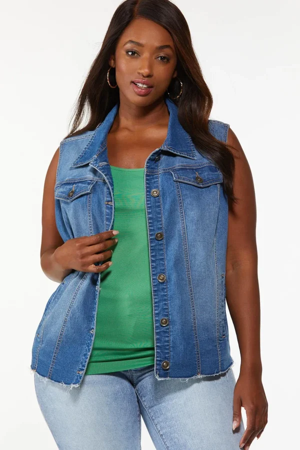 Outlet Plus Size Raw Hem Denim Vest Women Jackets & Vests