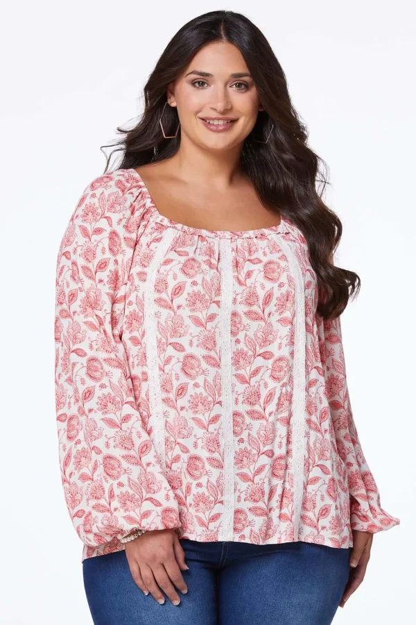 Clearance Plus Size Red Floral Poet Top Women Tops