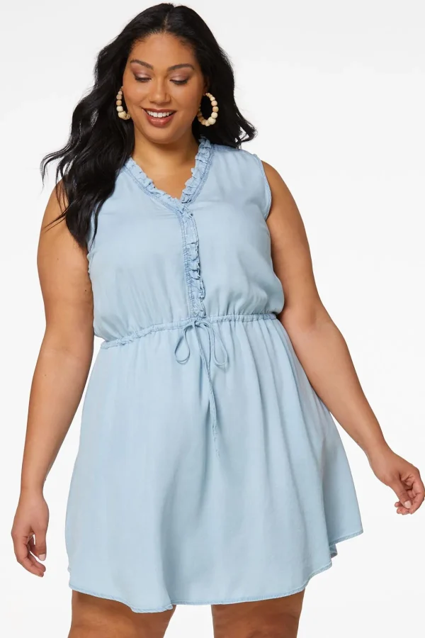 Discount Plus Size Ruffle Neck Chambray Dress Women Dresses