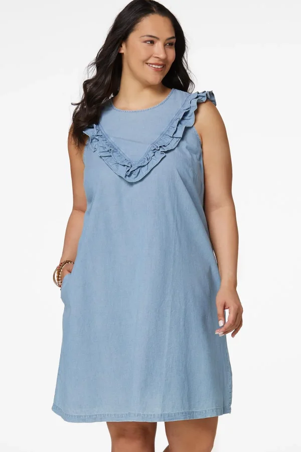 Best Plus Size Ruffled Chambray Dress Women Dresses
