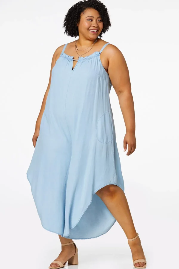 Hot Plus Size Ruffled Chambray Jumpsuit Women Dresses