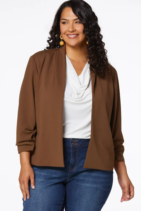Cheap Plus Size Solid Ruched Sleeve Blazer Women Jackets & Vests