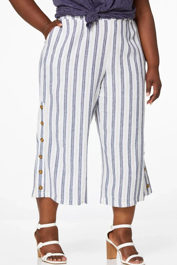 Store Plus Size Stripe Button Linen Pants Women Cropped Pants