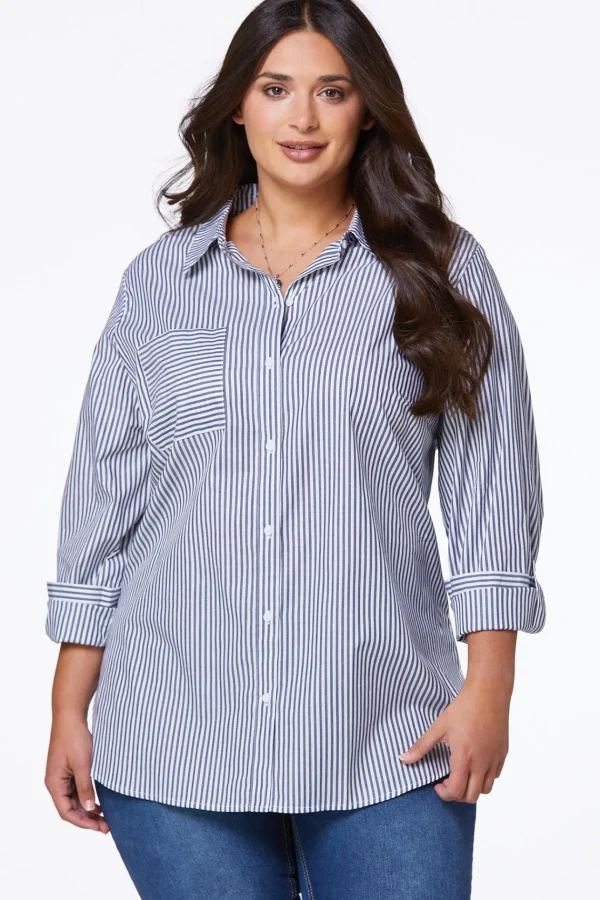 Outlet Plus Size Stripe Front Pocket Shirt Women Tops