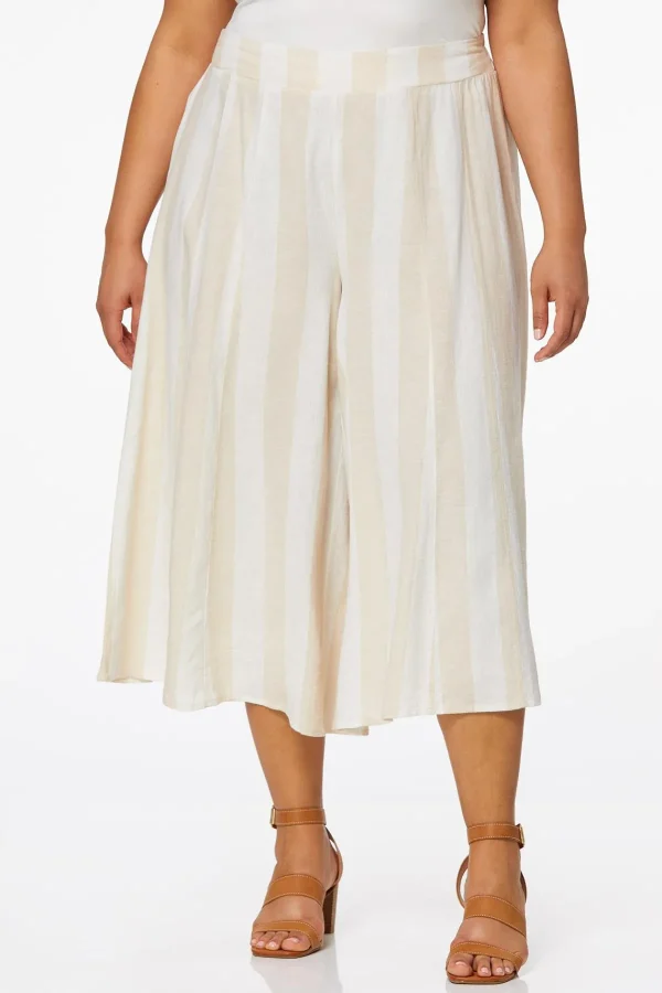 Shop Plus Size Tan Stripe Linen Pants Women Cropped Pants