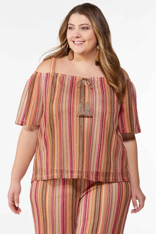 Online Plus Size Textured Stripe Top Women Sets & Suiting