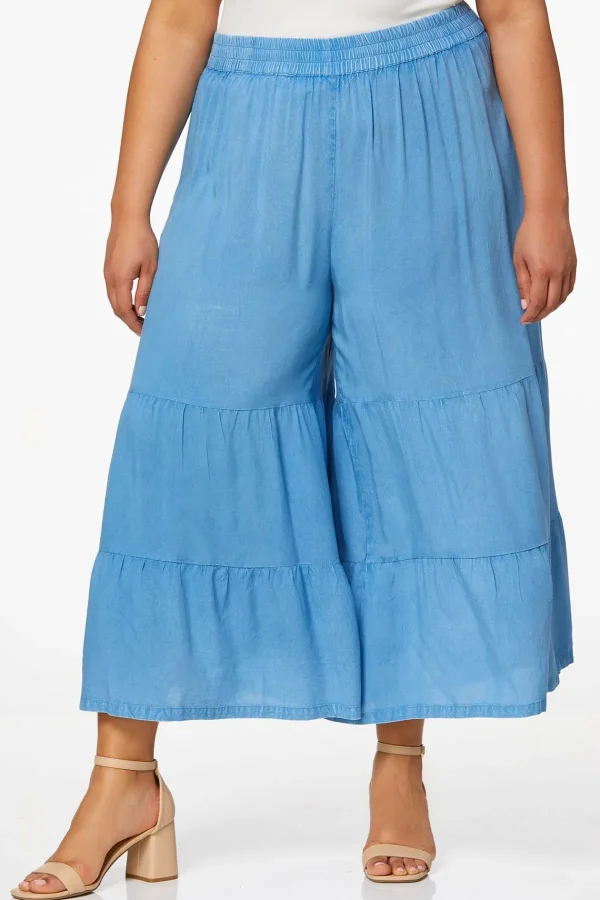Shop Plus Size Tiered Chambray Cropped Pants Women Cropped Pants