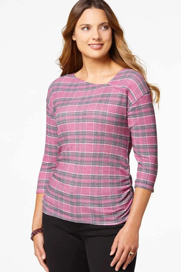 Store Ruched Side Plaid Top Women Tops