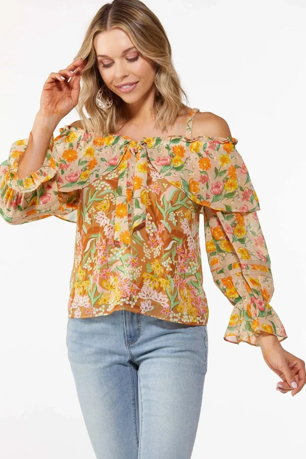 Store Ruffle Tie Neck Printed Top Women Tops