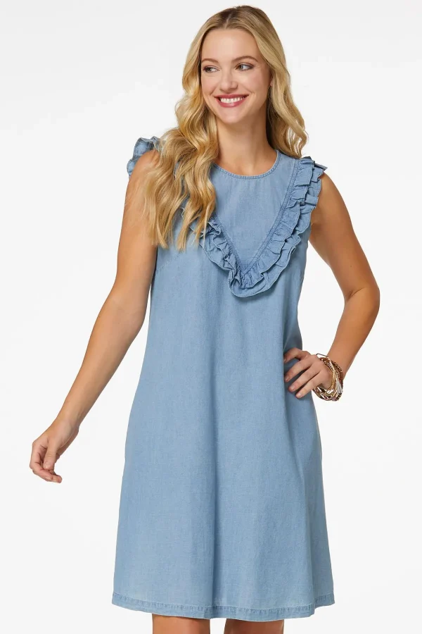 Fashion Ruffled Chambray Dress Women Dresses