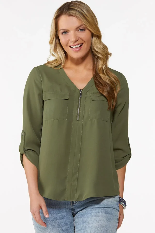 Store Solid Zip Front Equipment Top Women Tops